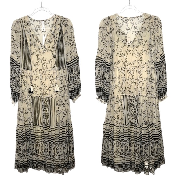 Anthropologie | NWT Talulah Tiered Boho Midi Dress Cream Black S - Picture 1 of 9